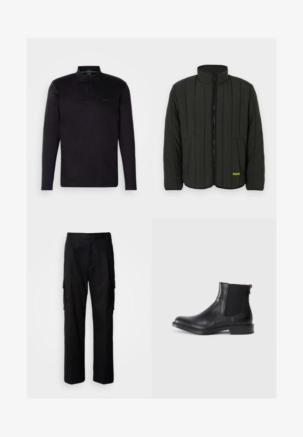 Chaqueta acolchada de color verde oscuro con diseño acolchado, cuello alto, cremallera frontal y dos bolsillos laterales. Presenta el logo amarillo "HUGO" en el lado izquierdo.; Camisa polo negra de manga larga hecha de material suave, con una paleta de tres botones, cuello y un sutil logo de "BOSS" en la parte frontal.; Pantalones cargo negros de corte relajado, con bolsillos laterales, cierre de botón y tela ligera y suave.; Botín Chelsea de cuero negro con paneles elásticos laterales, punta redondeada y tacón bajo apilado. Presenta una lengüeta roja y un sutil logotipo en el costado.