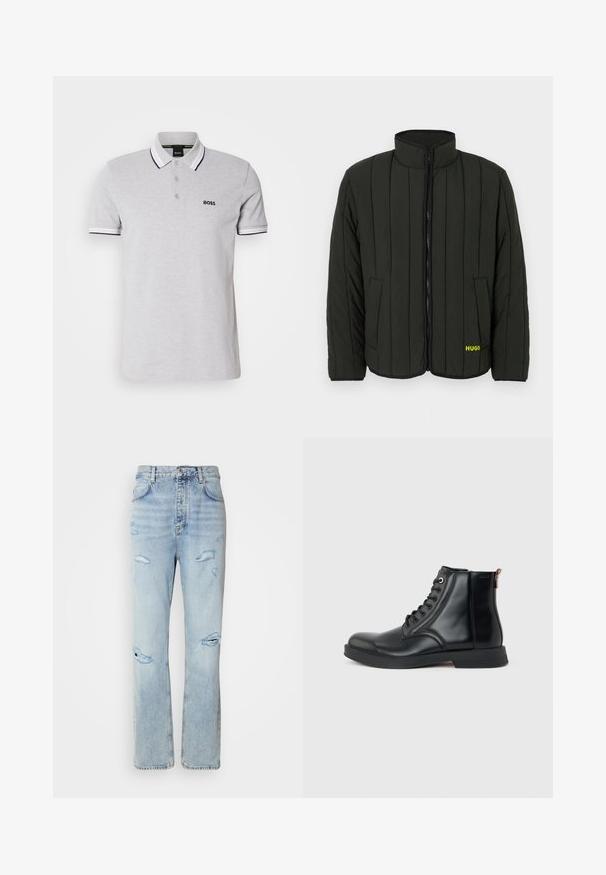 Veste matelassée vert foncé avec un design matelassé, col montant, fermeture éclair à l'avant et deux poches latérales. Logo jaune "HUGO" sur la gauche.; Polo gris en coton avec une patte de boutonnage à deux boutons, un col et des poignets de manches blancs contrastants, et un petit logo noir sur la poitrine.; Jean en denim délavé avec une coupe décontractée, présentant des zones déchirées et des bords effilochés. Le tissu a une texture douce et lisse.; Bottine en cuir noir avec laçage à l'avant, bout arrondi, semelle plate et languette à l'arrière sur un fond uni gris clair.