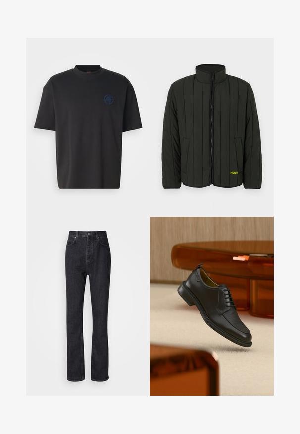 Veste matelassée vert foncé avec un design matelassé, col montant, fermeture éclair à l'avant et deux poches latérales. Logo jaune "HUGO" sur la gauche.; T-shirt noir à col rond en coton, avec manches courtes et logo brodé ton sur ton sur la poitrine gauche. Texture lisse, coupe décontractée.; Jean en denim noir taille haute avec fermeture à bouton et à glissière, poches avant et arrière, et coupe droite.; Chaussure habillée noire en cuir à lacets avec devant texturé, flottant au-dessus d'un tapis beige dans une pièce moderne avec des meubles teintés d'ambre.