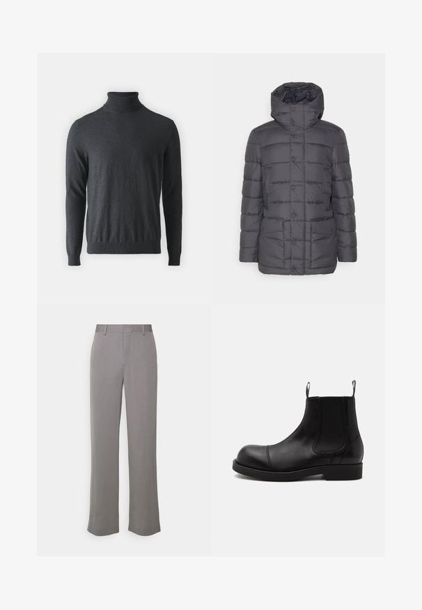 Save the duck GALIUM - Vinterjakker - grey black; Mørkegrå turtleneck sweater lavet af blødt, ribbet strikmateriale. Har lange ærmer og en tætsiddende talje, med et højt halsdesign.; Tiger of Sweden TREY - Bukser - grey shadow; Sort læder Chelsea-støvle med rund tå, elastiske sidepaneler, stropper foran og bagpå, flad sål, vist fra siden på hvid baggrund.