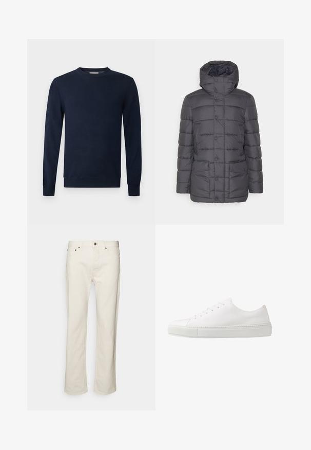 Save the duck GALIUM - Veste d'hiver - grey black; Pull bleu marine foncé à manches longues avec col rond, poignets et ourlet côtelés sur un fond clair uni.; WOOD WOOD RIGID - Jean boyfriend - off white; Baskets en cuir blanc avec une finition lisse, bout rond et six œillets pour les lacets. Présente une semelle en caoutchouc texturée et un design minimaliste.