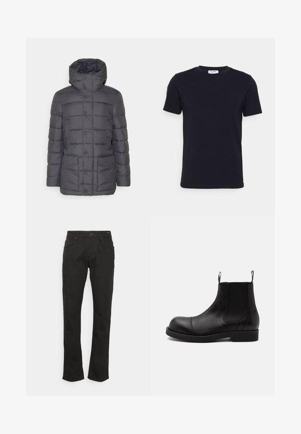 Save the duck GALIUM - Winterjacke - grey black; Schwarzes T-Shirt mit kurzen Ärmeln und Rundhalsausschnitt, mit einem kleinen weißen Etikett auf der Innenseite des Kragens.; JOOP! Jeans MITCH - Jeans Straight Leg - black; Schwarzer Chelsea-Boot aus Leder mit abgerundeter Spitze, elastischen Seiteneinsätzen, Zugschlaufen vorn und hinten, flacher Sohle, seitlich auf weißem Hintergrund abgebildet.