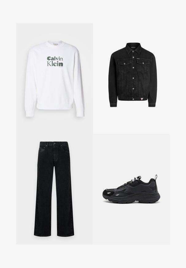 Veste en denim noir au design classique, avec fermeture à boutons sur le devant, deux poches poitrine et un petit patch logo à l'ourlet.; Sweatshirt blanc avec des poignets et un ourlet côtelés, présentant un grand logo vert "Calvin Klein" dans une police moderne imprimé sur le devant.; Jeans en denim noir à jambes larges avec un design classique à cinq poches, dotés d'une fermeture à bouton et d'une texture légèrement délavée.; Baskets de course noires avec une tige texturée, des accents synthétiques lisses, une semelle épaisse et des détails réfléchissants. Présente un design à lacets et une poignée arrière.