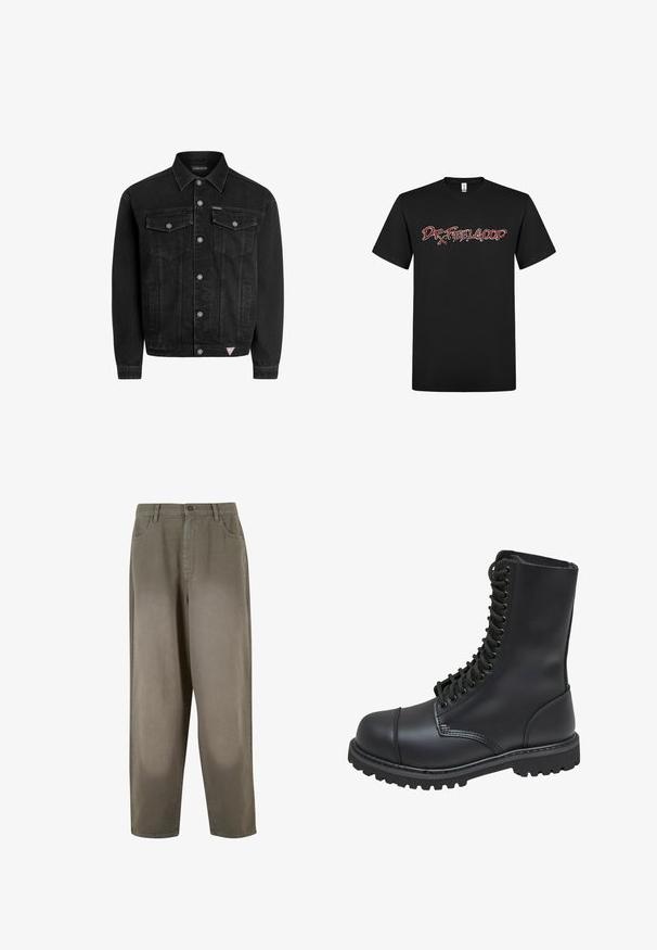 Sort denimjakke med klassisk design, der har knaplukning fortil, to brystlommer og et lille logo-lap ved kanten.; Sort bomulds t-shirt med en fed, stiliseret grafiktekst "Dr. Feelgood" i rød og omrids i hvid, korte ærmer og en afslappet pasform.; Lys grønne, vide bukser lavet af blødt stof. Har en knaplukning, forlommer og en glat overflate.; Sort læder kampstøvle med høj skaft, snørebånd foran, polstret krave og en robust tekstureret sål for godt greb. Har forstærket tåhætte.