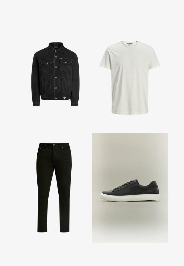 Schwarze Jeansjacke mit klassischem Design, ausgestattet mit einer durch Druckknöpfe schließenden Vorderseite, zwei Brusttaschen und einem kleinen Logopatch am Saum.; Weißes kurzärmeliges T-Shirt aus Bio-Baumwolle. Mit Rundhalsausschnitt und lockerer Passform, aus einem einfachen, glatten Material.; Schwarze Jeans aus Denim mit schmaler Passform, klassischem Fünf-Taschen-Design, Metallknopfverschluss und dezenten Nähdetails.; Schwarzer Sneaker mit niedrigem Schnitt, weißer Gummisohle und schwarzen Schnürsenkeln, im Seitenprofil vor neutralem Hintergrund dargestellt.