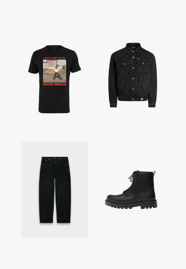 Sort denimjakke med klassisk design, der har knaplukning fortil, to brystlommer og et lille logo-lap ved kanten.; Sort bomulds T-shirt med et vintage billede og rød tekst, der står "I GOT A STORY TO TELL BIGGIE SMALLS" under billedet.; Sorte jeans med høj talje og lige ben, fem lommer, knaplukning og bæltestropper på hvid baggrund.; Sort læderankelstøvle med tyk slidssål, snørelukning foran og en trækkemulighed bagpå, vist i profil.