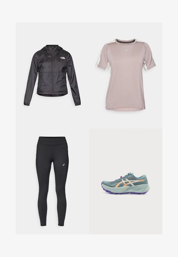 Veste coupe-vent noire en matériau léger et brillant. Elle dispose d'une fermeture éclair sur le devant, d'une capuche et d'un logo sur la poitrine gauche.; ASICS FUJITRAIL ELITE TOP - T-shirt de sport - rainstorm grey/cream; ASICS CORE WINTER - Collants hiver - performance black; Chaussure de course bleu clair et violet avec logo Asics beige, semelle épaisse et coussinée, dessus texturé, vue de profil.