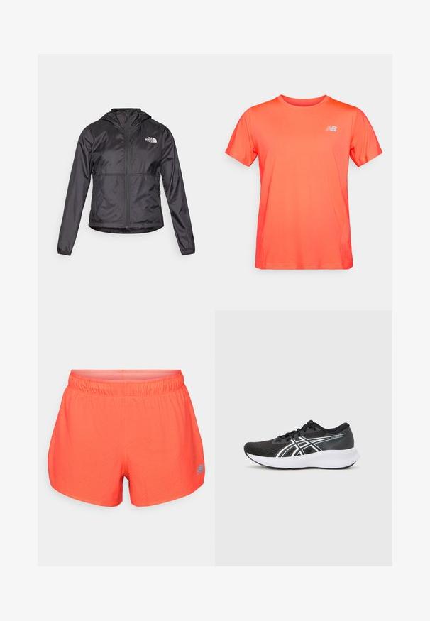 Chaqueta cortaviento negra hecha de un material ligero y brillante. Cuenta con una parte delantera con cremallera, capucha y un logo en el lado izquierdo del pecho.; Camiseta atlética de manga corta en un vibrante color naranja con un pequeño logotipo blanco de New Balance en el lado izquierdo del pecho, presentada sobre un fondo sencillo.; Bermudas de running para hombre en un vibrante color coral, fabricadas con un tejido transpirable y texturizado con perforaciones. Cuentan con una cintura elástica y un acento del logo en azul.; Zapatillas deportivas negras con parte superior de malla texturizada, acentos en blanco y una suela blanca acolchada. Presenta un logotipo en el lateral y cordones.