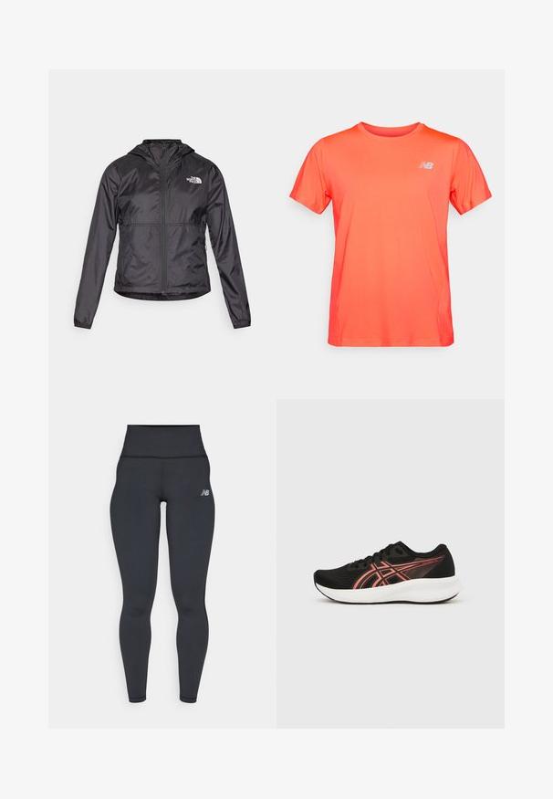 Zwarte windjack gemaakt van lichtgewicht, glanzend materiaal. Het heeft een ritssluiting aan de voorkant, een capuchon en een logo op de linkerborst.; Felrood sport T-shirt met korte mouwen en een klein wit New Balance-logo op de linkerborst, weergegeven op een effen achtergrond.; Zwarte high-waisted sportlegging met een getailleerd ontwerp, een soepele textuur en een klein wit logo op de linkse heup.; Lichtgewicht zwarte sportschoen met een bovenwerk van mesh, contrasterende rode accenten, een afgeronde neus en een witte gewatteerde zool. Modelnaam: Patriot 14.