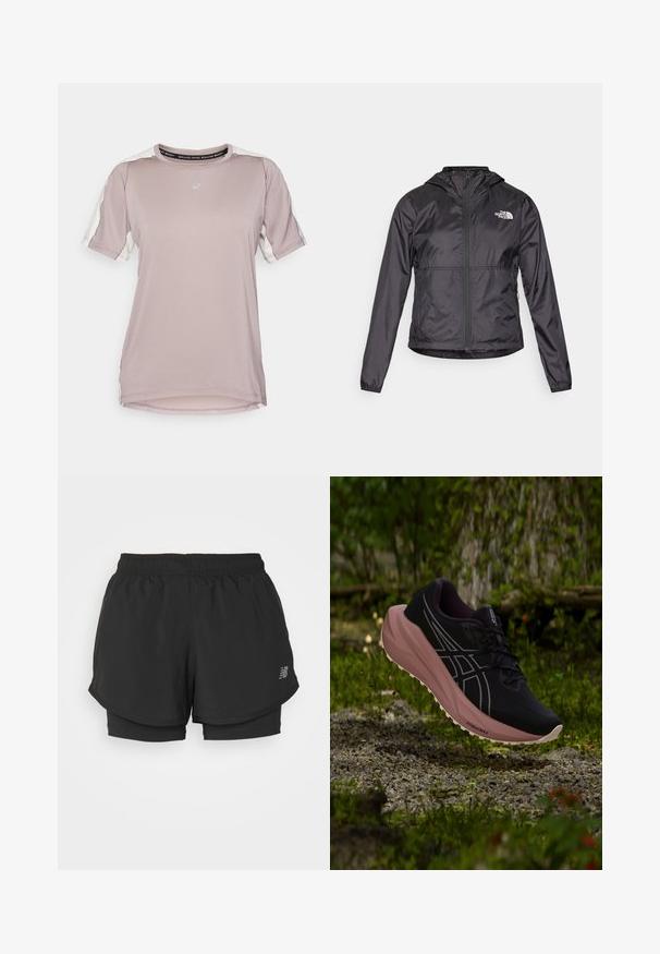 Sort vindjakke lavet af let, skinnende materiale. Den har en lynlås foran, hætte og logo på venstre bryst.; ASICS FUJITRAIL ELITE TOP - Sports T-shirts - rainstorm grey/cream; Sorte sportsshorts med elastisk talje, med et lagdelt design og en inderside. Stoffet virker let og glat.; Sort og pink løbesko ophængt over grus og mos i en udendørs skovindstilling.
