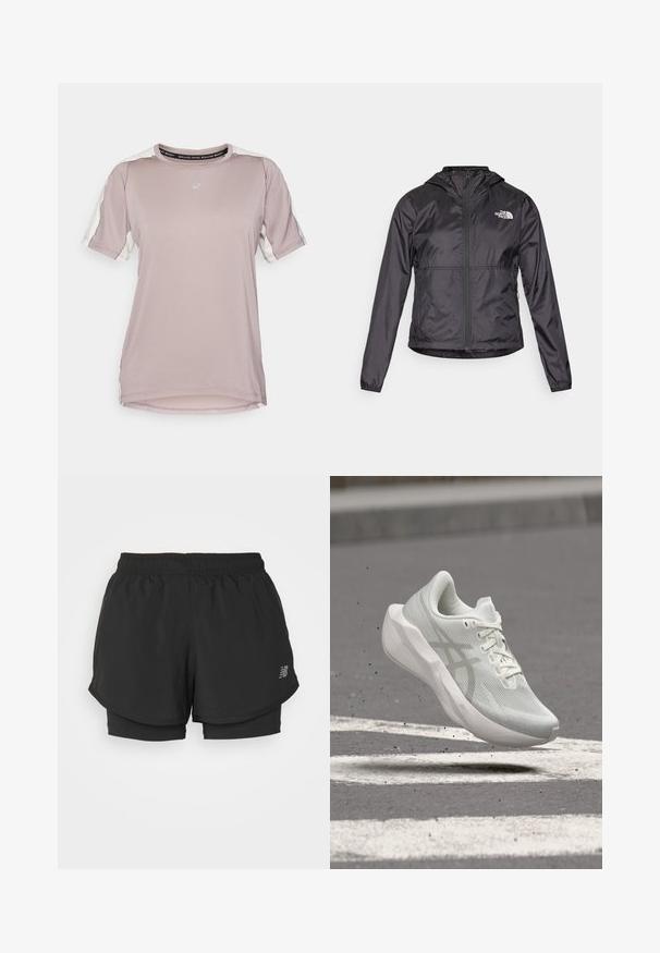 Čierna vetrovka vyrobená z ľahkého, lesklého materiálu. Má zapínanie na zips vpredu, kapucňu a logo na ľavej hrudi.; ASICS FUJITRAIL ELITE TOP - Športové tričko - rainstorm grey/cream; Čierne športové šortky s elastickým pásom, ktoré majú vrstvený dizajn a vnútornú podšívku. Materiál sa zdá byť ľahký a hladký.; Biela bežecká obuv s hrubou podrážkou a sieťovaným zvrškom, ktorá visí nad asfaltovou cestou s bielymi značkami a malým odpadom.