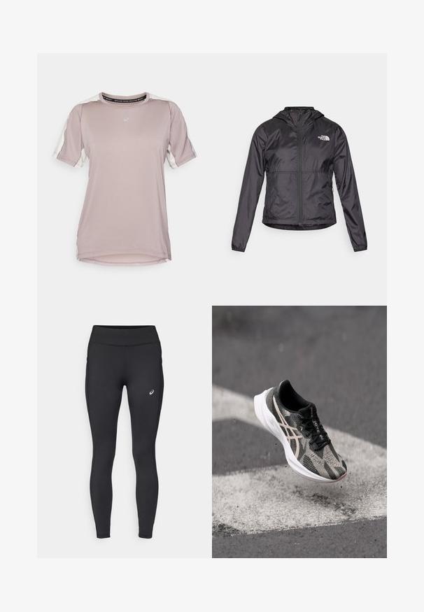 Čierna vetrovka vyrobená z ľahkého, lesklého materiálu. Má zapínanie na zips vpredu, kapucňu a logo na ľavej hrudi.; ASICS FUJITRAIL ELITE TOP - Športové tričko - rainstorm grey/cream; ASICS CORE WINTER - Zimné legíny - performance black; Čierna a šedá bežecká obuv s textúrovaným zvrškom, s viazaním a bielou podrážkou. Ozdobená reflexnými detailmi.