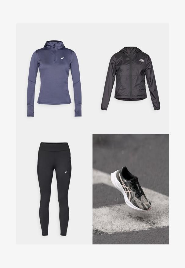 Chaqueta cortaviento negra hecha de un material ligero y brillante. Cuenta con una parte delantera con cremallera, capucha y un logo en el lado izquierdo del pecho.; Camiseta deportiva de manga larga en azul oscuro, con cuello tipo zip, capucha y agujeros para los pulgares. Tejido texturizado con un patrón geométrico. Logo en el pecho.; ASICS CORE WINTER - Mallas térmicas - performance black; Zapatilla de running en negro y gris con parte superior texturizada, que presenta un diseño con cordones y suela blanca. Acentuada con detalles reflectantes.