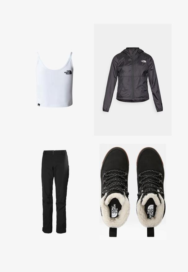 Zwarte windjack gemaakt van lichtgewicht, glanzend materiaal. Het heeft een ritssluiting aan de voorkant, een capuchon en een logo op de linkerborst.; Witte cropped tanktop met dunne bandjes, met het zwarte The North Face-logo op de borst en vlak bij de onderzoom.; Zwarte waterdichte broek met een recht model, hoge tailleband met knoopsluiting en zijzakken voor functionaliteit.; Zwarte waterdichte enkellaarsjes met een faux fur voering, textuurovereenkomst, wit en zwart gestreepte veters, en een trekhaak bij de hiel.