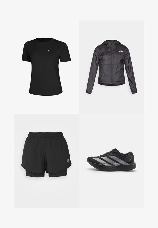 Sort vindjakke lavet af let, skinnende materiale. Den har en lynlås foran, hætte og logo på venstre bryst.; Sort atletisk T-shirt lavet af glat stof, med rund halsudskæring og korte ærmer. Indeholder et reflekterende logo på venstre front.; Sorte sportsshorts med elastisk talje, med et lagdelt design og en inderside. Stoffet virker let og glat.; Sort løbesko med sølvstriber, tyk polstret sål mærket "Lightstrike Pro," set fra siden på hvid baggrund.