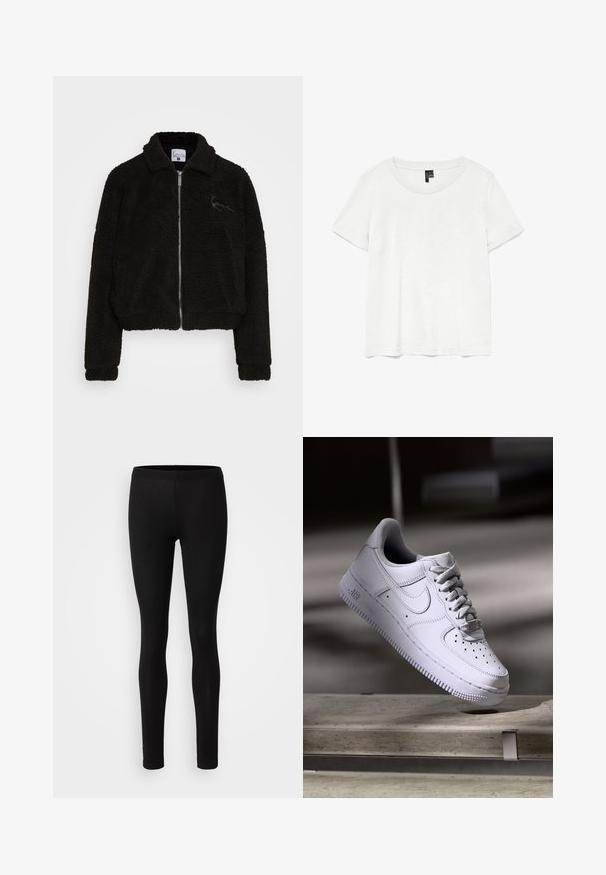 Chaqueta de forro polar negra con cuello, cremallera frontal completa y puños de canalé. Presenta una tela texturizada y un pequeño logo bordado en el lado izquierdo.; Camiseta blanca de manga corta con un cuello redondo, hecha de tejido ligero. Diseño simple, textura suave y dobladillo recto.; Leggings negros hechos de una tela suave y elástica. Tienen un ajuste ceñido con una cintura elástica y una textura suave y mate.; Zapatilla Nike Air Force 1 blanca levitando sobre una superficie de hormigón con sombras en un entorno minimalista.