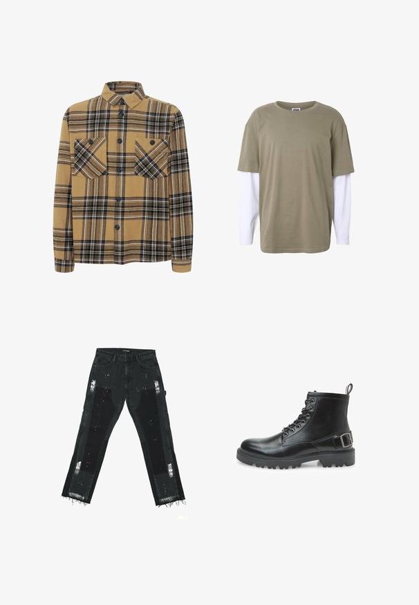Bruine en zwarte geruite knopshirt met twee borstzakken, lange mouwen en een kraag. Zachte stof met duidelijke patronen.; Olijfgroene T-shirt met korte mouwen, in laagjes over een wit shirt met lange mouwen, getoond tegen een effen witte achtergrond.; Zwarte spijkerbroek van denim met gescheurde patches, franje aan de onderkant en textuurelementen. Middelhoge taille met een standaard vijf-pocket ontwerp.; Zwarte leren combatboot met veters, metalen oogjes, robuuste zool, trekband aan de hiel en een decoratieve gesp op de zijkant.