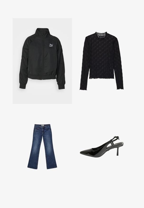 Schwarze Zip-Jacke mit hohem Kragen, elastischen Bündchen und Saum. Mit weißem Puma-Logo. Hergestellt aus glattem, leichtem Stoff.; Schwarzes Langarmoberteil mit transparenter gerippter Struktur, versehen mit einem Rüschen-Mock-Neck und einem kurzen Saum.; Weite blaue Jeans aus Denim mit mittelhoher Taille, zwei vorderen Taschen und einem verblassten Look mit Nahtdetails.; Schwarze Lackleder Slingback-Pumps mit spitzem Zehenbereich, schlankem Absatz und einem Knöchelriemen. Verfügt über ein Cutout-Design an der Seite.