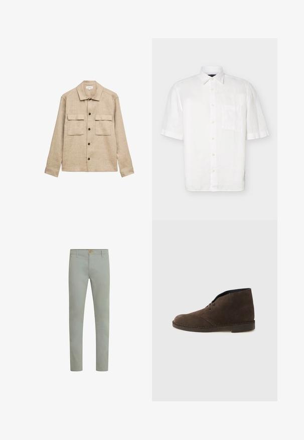 Chaqueta de camisa beige de manga larga con cuello, cuatro botones oscuros en la parte delantera y dos bolsillos con solapa en el pecho.; Camisa blanca de manga corta con botones, cuello puntiagudo y bolsillo en el pecho, presentada sobre un fondo claro y liso.; Pantalones de algodón verde claro con corte recto, bolsillos frontales y cierre de botón simple en la cintura. Textura suave, diseño minimalista.; Botín marrón de ante con dos ojales, tacón bajo y suela cosida sobre un fondo liso de color gris claro.