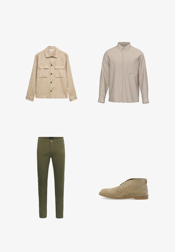 Chaqueta de camisa beige de manga larga con cuello, cuatro botones oscuros en la parte delantera y dos bolsillos con solapa en el pecho.; Camisa beige de manga larga con botones, cuello puntiagudo y un bolsillo en el pecho, mostrada sobre fondo blanco.; Pantalones color verde oliva hechos de una suave mezcla de algodón, con cierre frontal de botón, presillas para cinturón y un diseño ajustado.; Bota desértica de ante beige con dos ojetes, suela cosida y altura baja en el tobillo, mostrada de perfil sobre fondo blanco.