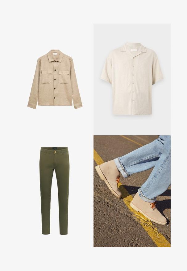 Beige langärmeliges Hemdjacke mit Kragen, vier dunklen Knöpfen vorne und zwei Klappentaschen auf der Brust.; Beiges Kurzarm-Button-up-Hemd mit Camp-Kragen, vorderen Knöpfen und lockerer Passform, aus leichtem Stoff.; Olivgrüne Hosen aus weichem Baumwollgemisch mit vorderem Knopfverschluss, Gürtelschlaufen und slim fit Design.; Beige Wildleder-Ankelboots mit orangefarbenen Schnürsenkeln, runder Spitze und einer leichten Gummisohle, kombiniert mit hellblauen, umgeschlagenen Jeans.