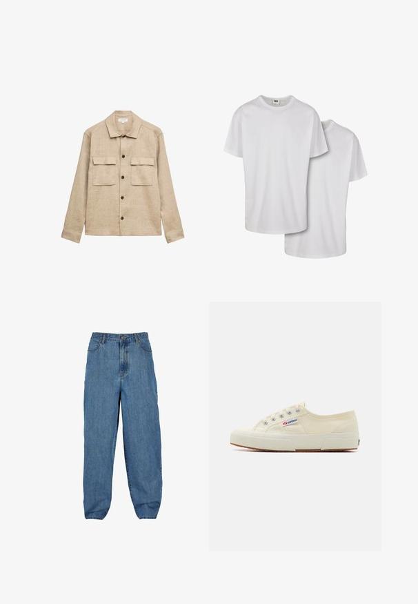 Beige langærmet skjortejakke med krave, fire mørke knapper ned foran og to klaplommer på brystet.; Hvide bomulds t-shirts med korte ærmer, rund halsudskæring og en glat tekstur, vist stablet med en let overlappende front.; Lyseblå denimbukser med høj talje, bred ben-design, fem-lomme stil og lukning med knap og lynlås.; Beige lærredssneaker med et lavprofildesign, metaløjet og gummisål. Har et tekstureret mønster og logodetalje på siden.