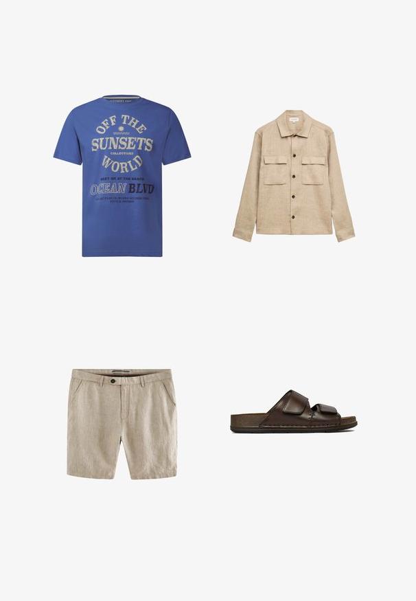 Beige overhemdjack met lange mouwen en kraag, vier donkere knopen aan de voorkant en twee klepzakken op de borst.; Blauwe T-shirt met korte mouwen, gemaakt van katoen, met geprinte tekst in crème en zwart, inclusief "OFF THE SUNSETS" en "OCEAN BLVD."; Beige linnen shorts met een flatte voorkant, twee zijzakken, een knoopsluiting en subtiele textuur. Heeft een klassieke snit en een strak ontwerp.; Donkerbruine leren slidesandaal met twee verstelbare klittenbandsluitingen en een dikke, gestructureerde zool.