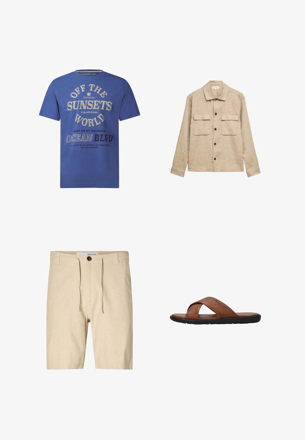 Chaqueta de camisa beige de manga larga con cuello, cuatro botones oscuros en la parte delantera y dos bolsillos con solapa en el pecho.; Camiseta de manga corta azul, de material de algodón, con texto impreso en crema y negro, incluyendo "OFF THE SUNSETS" y "OCEAN BLVD."; Pantalones cortos de lino beige con cintura ajustable, cierre de un solo botón y tela texturizada. Estilo casual, corte a la altura de la rodilla.; Sandalia de cuero marrón con tiras cruzadas, suela plana negra y "bugatti" grabado en la tira superior, vista lateral sobre fondo blanco.