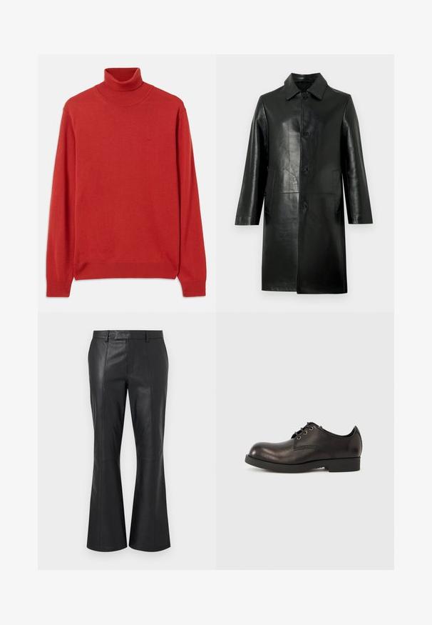 Sort læderjakke med lige snit, krave og lukkes foran med knapper; har to sidelommer og en glat, blank tekstur.; Rød strikket turtleneck sweater med lange ærmer, ribbet krave og manchetter. Har et diskret logo på brystet. Glat overflade.; Sorte læderbukser med en mellemhøj talje, bæltestropper, detaljerede syninger foran og en subtil flare nederst ved benene.; Sort lædersko med rund tå, minimal syning og lav gummihæl, sikret med sorte snørebånd.