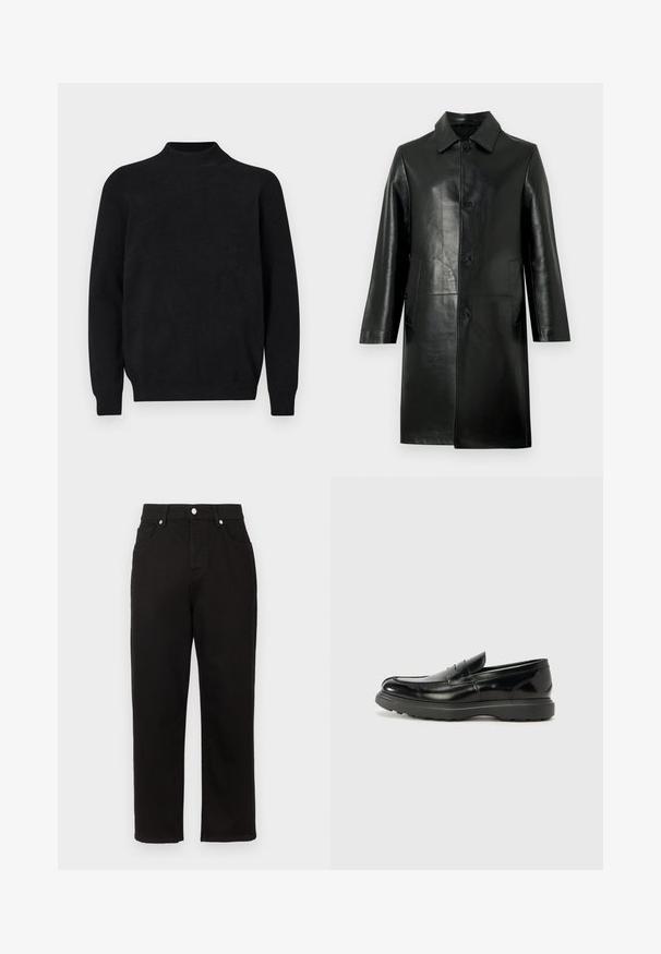 Manteau en cuir noir à coupe droite, avec col et fermeture à boutons sur le devant ; doté de deux poches latérales et d'une texture lisse et brillante.; Pull en tricot noir avec un col montant, des manches longues et une texture côtelée. Design simple et uni avec une coupe décontractée et sans motifs visibles.; Pantalon en denim noir avec une coupe droite, présentant une taille haute, des poches frontales et des garnitures en métal argenté au niveau de la ceinture.; Mocassin en cuir noir avec une finition brillante, bout arrondi, détails de couture subtils et semelle en caoutchouc épaisse pour la durabilité.