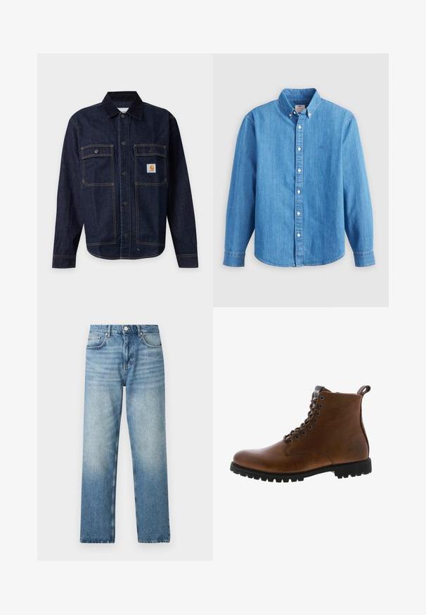 Dunkelblaue Jeansjacke mit Knopfverschluss, zwei Brustklappen mit Knöpfen und einem kleinen gelben Logo-Patch auf der rechten Tasche.; Hellblaues Jeanshemd mit langen Ärmeln, button-down Kragen und weißen Knöpfen. Verfügt über ein kleines besticktes Logo auf der Brust.; Helle blaue Jeans mit geradem Schnitt, ausgestattet mit einem Knopfverschluss, fünf Taschen und einem sanften Verblassen am Saum. Flache Textur.; Braune Lederstiefeletten mit strukturiertem Finish, metallischen Ösen und schwarzer Gummisohle. Mit Zuglasche hinten für einfaches An- und Ausziehen.