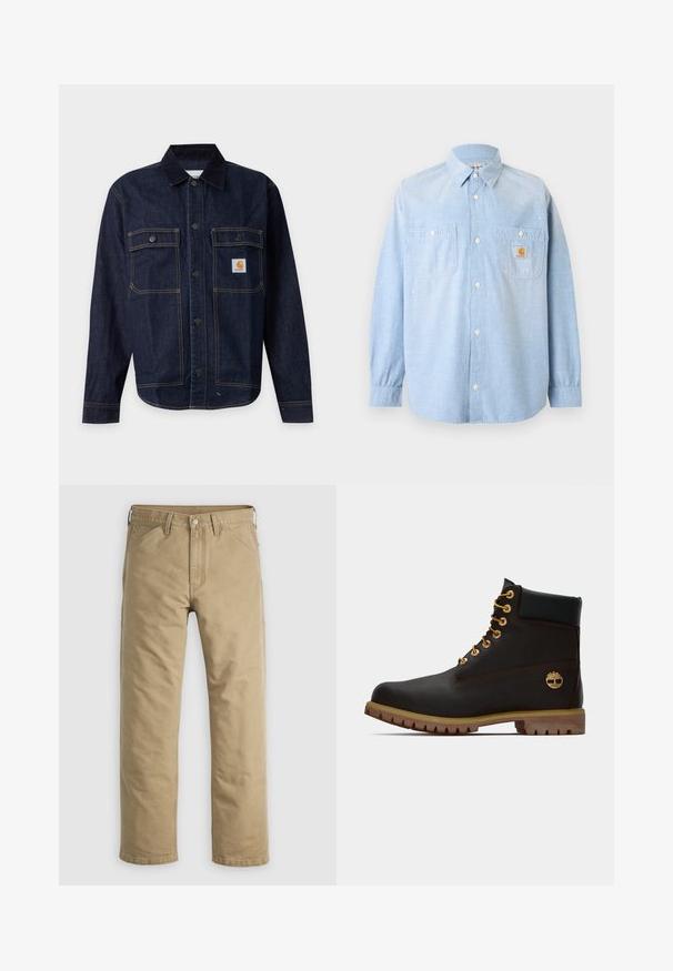 Veste en denim bleu foncé avec fermeture par boutons, deux poches poitrine à rabat avec boutons, et un petit patch logo jaune sur la poche droite.; Chemise bleu clair à manches longues avec boutons, deux poches avant dont une avec un patch logo Carhartt et des détails subtils de taches de peinture blanche.; Pantalon en coton kaki avec un design à jambe droite, poches avant et fermeture par bouton. Texture lisse et coutures renforcées pour une durabilité accrue.; Bottine noire en cuir avec œillets dorés, accents marron et semelle en caoutchouc. Comprend un col rembourré et un logo estampé sur le côté.