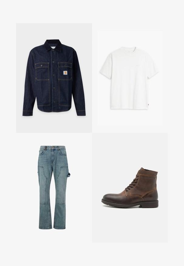 Chaqueta vaquera azul oscuro con cierre de botones, dos bolsillos en el pecho con solapa y botones, y un pequeño parche de logo amarillo en el bolsillo derecho.; Camiseta de algodón blanca con mangas cortas, cuello redondo y un sutil logo "Levi's" impreso en color claro en la parte frontal.; Pantalones cargo de mezclilla azul claro con un diseño de pierna recta, que cuentan con múltiples bolsillos y un cierre de botón en la cintura.; Jack & Jones JFWDELANEY BOOT - Botines con cordones - cognac