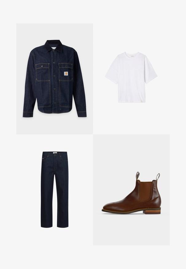 Veste en denim bleu foncé avec fermeture par boutons, deux poches poitrine à rabat avec boutons, et un petit patch logo jaune sur la poche droite.; T-shirt blanc à manches courtes en tissu doux. Il présente un col rond et une coupe décontractée avec un ourlet droit. Aucun motif ni élément métallique.; Jean en denim bleu foncé avec une coupe droite, doté de cinq poches, de coutures contrastées et d'une étiquette de marque sur la ceinture.; Bottine Chelsea en cuir marron avec panneaux latéraux élastiques, languettes à l'avant et à l'arrière, et talon en bois superposé.