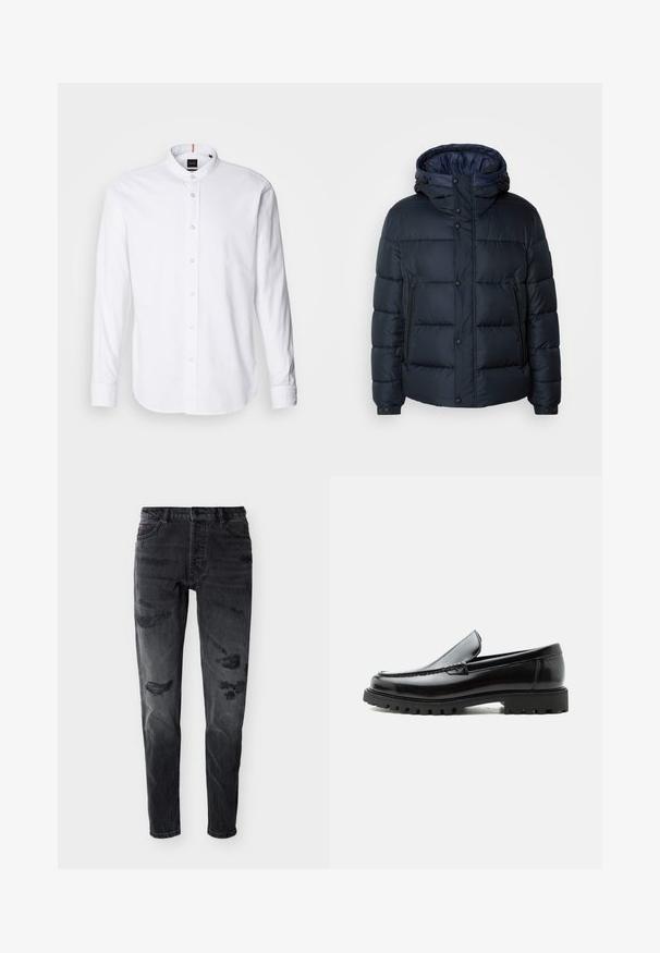 Navy puffer jacket with hood, quilted design, front zip and snap closures, two side pockets, and elasticized cuffs.; Valkoinen pitkähihaisten paita, jossa on bändikaulus, nappilista ja pyöristetty helma. Valmistettu puuvillasta, joka tarjoaa sileän pinnan ja hienovaraisen kiillon.; Musta kulutettu slim fit -farkut, joissa etupuolella nappikiinnitys, vyölenkit ja kuluneet kohdat reisissä ja polvissa valkoista taustaa vasten.; Mustat nahkaiset loafersit, joissa paksu kumipohja, ommeltu yläosa ja kohokuvioitu tuotemerkin nimi kannassa, esitetty sivuprofiilissa valkoisella taustalla.