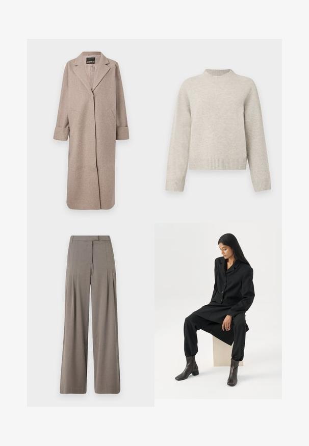 Manteau en mélange de laine beige avec un col structuré, une ouverture devant et deux poches latérales. Il présente des poignets roulés et une texture lisse.; Pull en tricot épais gris clair avec un col rond, des épaules tombantes et des bords côtelés aux poignets et à l'ourlet. Texture douce, coupe décontractée.; Pantalons à jambe large en tissu marron clair, dotés de plis, d'un devant plat et d'un ourlet net. Texture lisse avec un léger éclat.; Femme aux longs cheveux foncés assise, portant un blazer noir ample, un pantalon large assorti et des bottines foncées, sur un fond blanc uni.