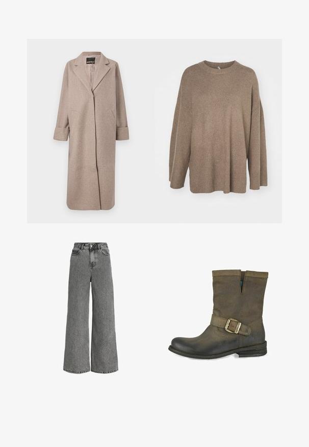Abrigo de mezcla de lana beige con un cuello entallado, delantero abierto y dos bolsillos laterales. Presenta puños enrollados y una textura suave.; Suéter marrón de gran tamaño con dobladillo acanalado, mangas anchas y cuello redondo. Textura suave, diseño minimalista sin patrones.; Vaqueros de mezclilla gris de tiro alto con pierna ancha, cierre frontal con botones y cremallera, y diseño de cinco bolsillos.; Bota de tobillo de cuero marrón con punta curvada, acento de hebilla y diseño recortado en la parte superior. Acabado texturizado con un tacón bajo apilado.