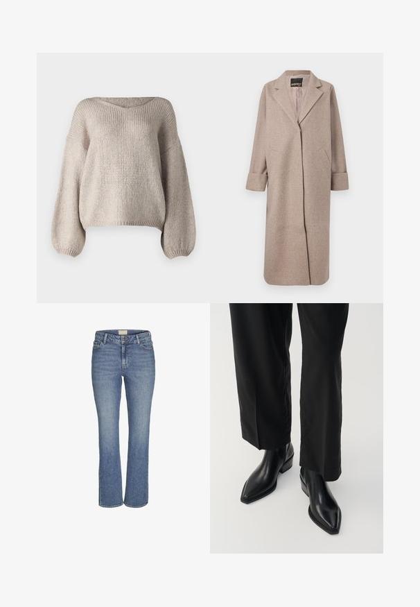 Manteau en mélange de laine beige avec un col structuré, une ouverture devant et deux poches latérales. Il présente des poignets roulés et une texture lisse.; Pull en tricot beige avec un large col en V, des manches longues bouffantes et un ourlet court. La texture est épaisse et douce, avec un design simple.; Jeans en denim bleu moyen, coupe droite, avec fermeture à boutons et à glissière à l'avant, passants de ceinture, et poches avant et arrière.; Bottes noires en cuir à la cheville avec un bout pointu, texture lisse et un talon carré. Associées à un pantalon noir à jambes larges, elles créent une silhouette élégante.