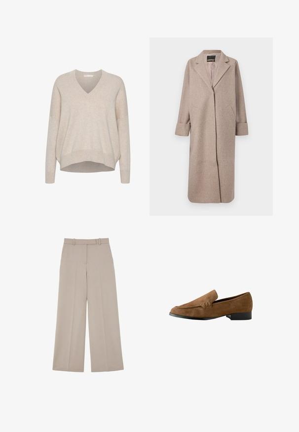 Abrigo de mezcla de lana beige con un cuello entallado, delantero abierto y dos bolsillos laterales. Presenta puños enrollados y una textura suave.; Suéter beige de cuello en v con hombros caídos, mangas largas y un corte relajado. Tela suave y texturizada con un dobladillo ligeramente recortado.; Pantalones beige de pierna ancha, con cierre frontal oculto y bolsillos laterales, diseñados para un look formal o business casual.; Mocasines de ante marrón con un ligero tacón elevado, una textura suave, detalles de costura en la parte delantera y un diseño de punta redondeada.