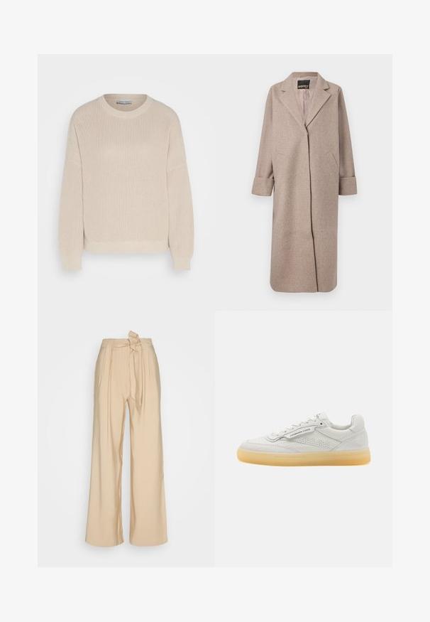 Bežový kabát z vlnenej zmesi s upraveným golierom, otvoreným predom a dvomi bočnými vreckami. Má zvinuté manžety a hladký povrch.; Anna Field by Zalando Svetrík - grey; Béžové nohavice s širokými nohavicami vyrobené z hladkého materiálu, s detailom na viazanie v páse a prednými záhybmi pre štruktúrovaný tvar.; Biele kožené tenisky s perforovanými akcentmi, okrúly špička a smotanová gumová podrážka. Obsahuje tónované švy a minimalisticý dizajn.