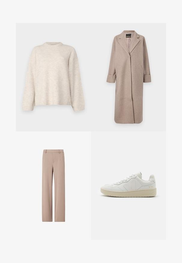 Manteau en mélange de laine beige avec un col structuré, une ouverture devant et deux poches latérales. Il présente des poignets roulés et une texture lisse.; Pull en tricot beige clair avec un col rond, des épaules tombantes et des poignets côtelés. Texture douce, coupe légèrement oversize.; Pantalon beige taille haute à jambes larges, avec passants de ceinture, plis devant et fermeture avant dissimulée.; Baskets en cuir blanc avec une boîte à orteils perforée, semelle en caoutchouc beige contrastante et accents de logo sur le côté et le talon. Design minimaliste.