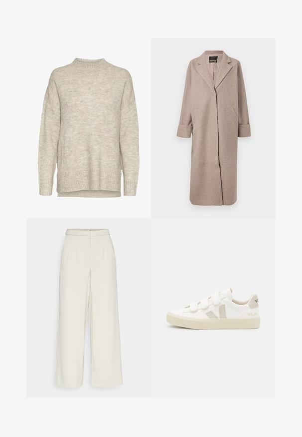 Manteau en mélange de laine beige avec un col structuré, une ouverture devant et deux poches latérales. Il présente des poignets roulés et une texture lisse.; Pull en tricot beige clair avec un col montant, des épaules tombantes, des poignets et un ourlet côtelés. Le tissu présente une finition douce et texturée.; Pantalons en tissu crème à jambes larges, avec des plis à l'avant, confectionnés dans un tissu lisse, dotés d'une taille mi-haute et sans poches visibles.; Baskets blanches avec des bandes Velcro, accents en daim beige, semelle en caoutchouc texturée et logo V gris. Design minimaliste, forme arrondie.