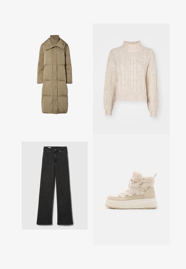 Lang polstret frakke i en lys beige farve, med høj krave, knapper foran og horisontalt quiltet mønster over det hele.; Cremefarvet cropped sweater med høj hals, der har et tekstureret kabelstrikket mønster og lange, let puffede ærmer.; Sorte højtaljede jeans med lige ben og fem lommer samt kobbernitter, lagt fladt ud på en lys grå baggrund.; Beige vinterstøvler med en blød tekstur, snørremønster, guldfarvede detaljer og en tyk sål for ekstra højde og isolering.