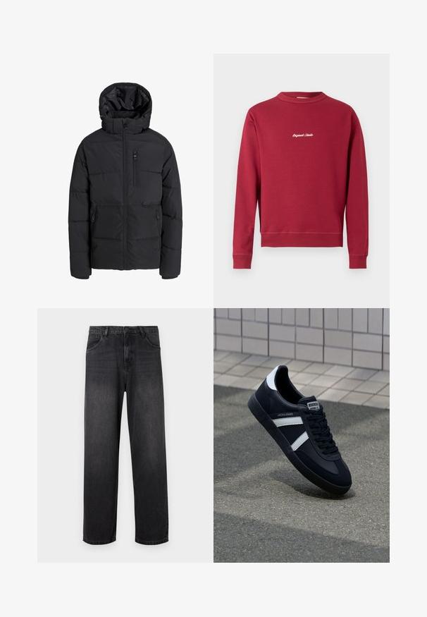 Schwarze gesteppte Winterjacke mit Kapuze, Frontreißverschluss, Reißverschluss an der Brusttasche und zwei zippered Seitentaschen auf einfarbigem Hintergrund.; Burgunderfarbener Sweatshirt aus Baumwollmischung mit Rundhalsausschnitt, gerippten Bündchen und Saum. Auf der Vorderseite befindet sich der weiße gestickte Text "Original Studio".; Dunkelgraue Denim-Jeans mit geradem Bein, ausgestattet mit einem Reißverschluss, fünf Taschen und subtilen Verblassungen auf dem Stoff.; Schwarze Leder-Sneaker mit weißen Streifen, strukturiertem Gummisohle und Schnürung. Verfügt über ein Markenetikett auf der Zunge.