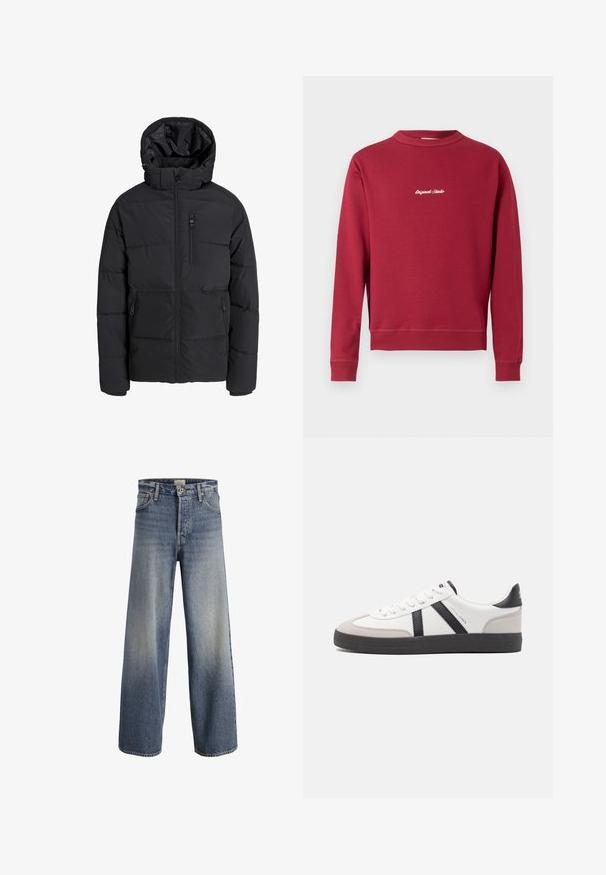 Schwarze gesteppte Winterjacke mit Kapuze, Frontreißverschluss, Reißverschluss an der Brusttasche und zwei zippered Seitentaschen auf einfarbigem Hintergrund.; Burgunderfarbener Sweatshirt aus Baumwollmischung mit Rundhalsausschnitt, gerippten Bündchen und Saum. Auf der Vorderseite befindet sich der weiße gestickte Text "Original Studio".; Helle blaue Schlagjeans aus Denim. Sie verfügen über eine hohe Taille, einen Knopfverschluss und subtile Ausbleichungen mit einer glatten Textur und genähten Nähten.; Weiße Sneaker mit schwarz- und grau-aczenten, ausgestattet mit einer strukturierten grauen Zehenkappe, schwarzer Gummi-Sohle und flachen weißen Schnürsenkeln. Sauberes Design, minimalistische Stil.