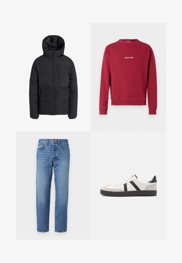 Veste d'hiver matelassée noire avec capuche, fermeture éclair frontale, fermeture éclair sur la poche poitrine et deux poches latérales zippées sur fond uni.; Sweatshirt bordeaux en mélange de coton avec un col rond, des poignets et un ourlet côtelés. Présente un texte brodé blanc "Original Studio" sur le devant.; Jean en denim bleu clair avec une coupe droite, cinq poches et un zip à bouton. Texture délavée avec un léger effet de frottement à l'avant.; Baskets blanches avec des accents noirs et gris, présentant un embout texturé gris, une semelle en caoutchouc noir et des lacets plats blancs. Design épuré, style minimaliste.