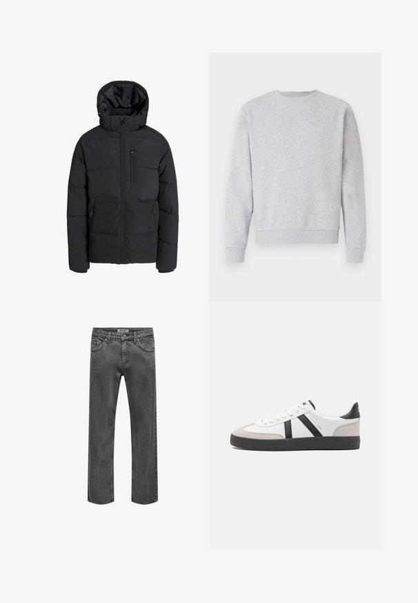 Veste d'hiver matelassée noire avec capuche, fermeture éclair frontale, fermeture éclair sur la poche poitrine et deux poches latérales zippées sur fond uni.; Sweatshirt gris en tissu doux, avec col rond, manches longues et poignets et ourlet côtelés. Design simple sans logos ni motifs.; Jean droit pour homme en denim gris foncé avec fermeture avant à bouton et zip, passants de ceinture et design classique à cinq poches.; Baskets blanches avec des accents noirs et gris, présentant un embout texturé gris, une semelle en caoutchouc noir et des lacets plats blancs. Design épuré, style minimaliste.