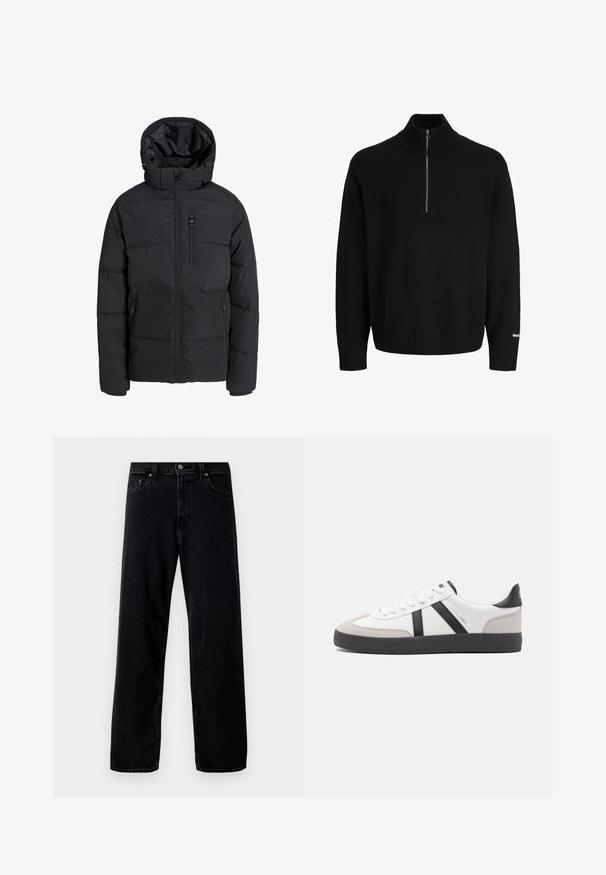 Chaqueta de invierno acolchada negra con capucha, cremallera frontal, cremallera en el bolsillo del pecho y dos bolsillos laterales con cremallera sobre fondo liso.; Suéter negro de punto de manga larga con cuello alto acanalado, media cremallera plateada, puños y dobladillo acanalados, y un pequeño logo blanco en la manga izquierda.; Hollister Co. Vaqueros baggy - washed black; Zapatilla blanca con acentos en negro y gris, que presenta una puntera texturizada en gris, suela de goma negra y cordones planos blancos. Diseño limpio, estilo minimalista.