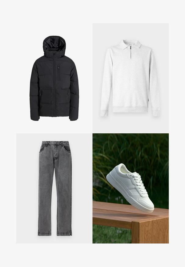 Mustast tepitud talvejope kapuutsi, esist lukustusekraaniga lukuga, rinnatasku lukuga ja kahe küljetaskuga lukuga ühevärvilisel taustal.; Heled hall sweatshirt, mille krae ja lukuga, pikkade varrukatega, ribaga mansettide ja äärega. Valmistatud pehmest, tekstureeritud kangast. Ilma mustrite või detailideta.; Mustadest denimist püksid sirge sääre disainiga, viie taskuga, nööbiga kinnitamine ja õmblustel peened tikandid.; Valge nahast spordijalanõud sileda tekstuuriga, millel on aukudega disain, klassikaline paelumine ja kummitald, asetatud puidust pinna kohale.