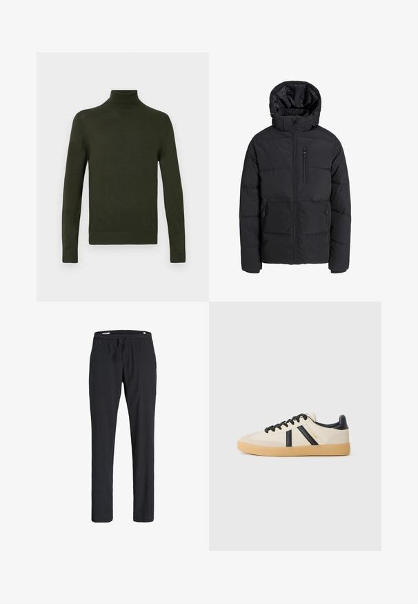 Chaqueta de invierno acolchada negra con capucha, cremallera frontal, cremallera en el bolsillo del pecho y dos bolsillos laterales con cremallera sobre fondo liso.; Suéter de cuello alto verde hecho de una tela suave, con mangas largas, puños y dobladillo acanalados, que presenta una silueta ajustada y una textura suave.; Pantalones casuales negros con cintura elástica y cordón, corte recto, hechos de tela suave, exhibidos sobre un fondo blanco.; Zapatillas casuales en crema con rayas negras, con parte superior texturizada y suela de goma. Los cordones son negros. Logo sutil en el costado.